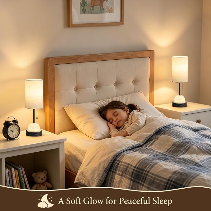 Table Lamp for Bedroom, Dual Light Nightstand Lamp with Fabric Shade & Ceramic Carved Night Light Base, Individual Controls Bedside Lamp for Living Room, 8W LED Bulb Included