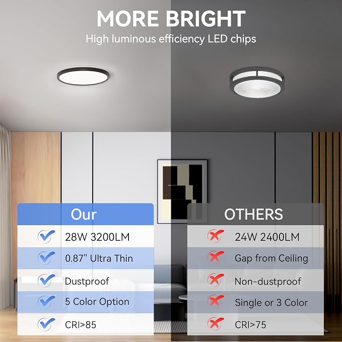 2 Pack 12 Inch Dimmable LED Flush Mount Ceiling Light Fixture 28W 3200LM 5 Color Temperature in One Super Slim Round Ceiling Lamp Low Profile Ceiling Lights for Living Bedroom Kitchen Laundry Black