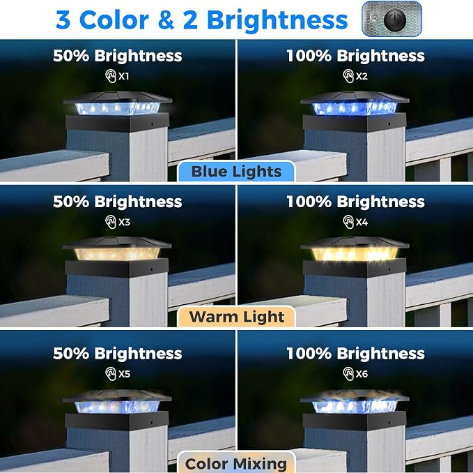 2pack 4x4 Solar Post Lights Outdoor Blue & Warm White | Waterproof Solar Cap Lights for 4×4/3.5×3.5 Wood/Vinyl Posts, Post Top Lighting Outdoor for Fence Deck Mailbox Porch Railing