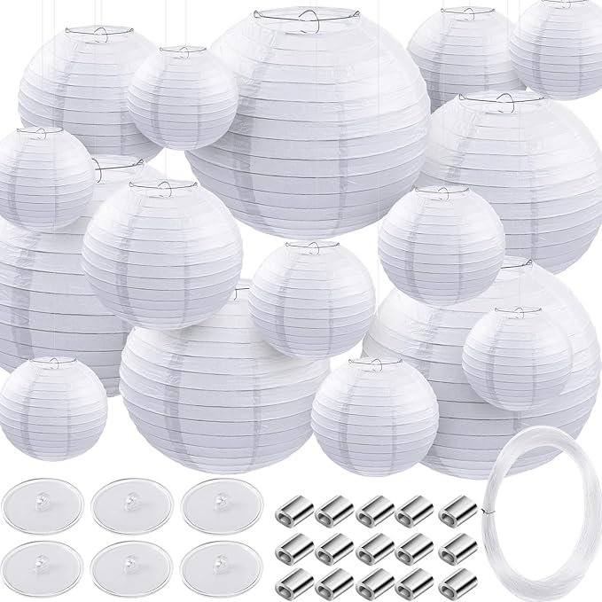 Pelopy 18 Pcs Paper Lanterns 4/6/8/12 Inches Round Chinese Japanese Paper Lanterns for Indoor New Year Valentine's Day Wedding Birthday Party Decorations(White,4/6/ 8/12 Inch)