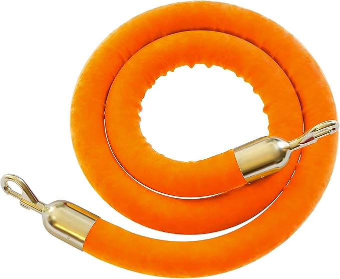 Montour Line Velvet Hanging Stanchion Rope Foam Core, 8 Foot Orange Rope with Polished Brass Snap Ends