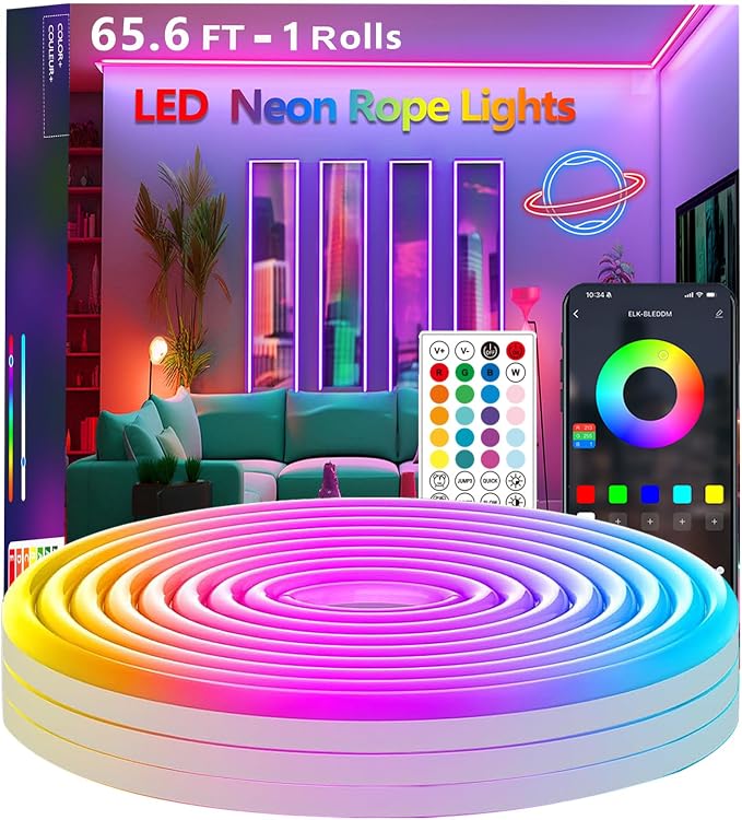 65.6FT Neon Rope Lights,Flexible Led Light Control with App/Remote,Multiple Modes,IP65 Outdoor Waterproof,Music Sync Strip for Bedroom