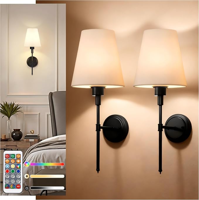 Battery Operated Wall Sconce: Set of 2 Wireless Wall Light 12000mAh | 15 Color Rechargeable Wall Sconces, Sconce Wall Decor Set of 2 for Bedroom, Living Room, Black 20.7in