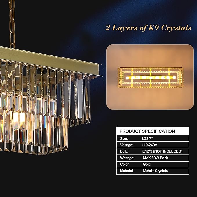Rectangular Crystal Chandelier Gold for Dining Room Modern Chandelier Rectangle Linear Pendant Light Fixtures for Kitchen Island L33” K9 Luxury Long Chandelier for Living Room