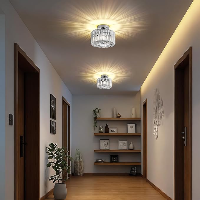 FRIDEKO HOME Crystal Ceiling Light - Small Crystal Chandelier Semi Flush Mount Ceiling Light Fixture Modern Lights for Hallway Bathroom Kitchen Entryway (9.05 Inch, Bulb not Included)