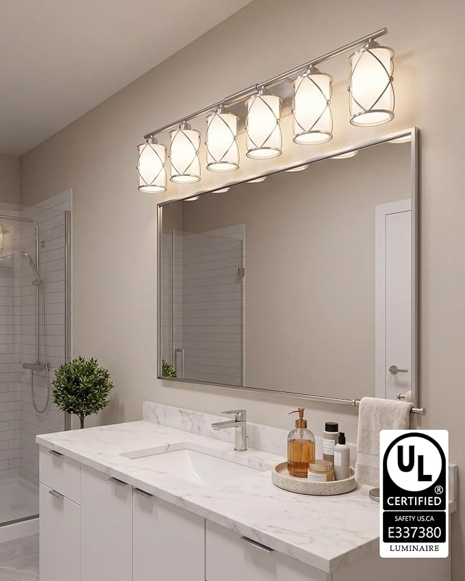6-Light Brushed Nickel Bathroom Light Fixtures Over Mirror, 42" UL-Listed Modern Wall Sconce Lights with Milk White Frosted Glass and Metal Cage for Bath, Hardwire E26, CH9176BNW-6W