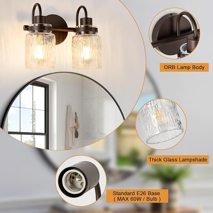 2 Lights Hammered Glass Bathroom Vanity Light, Oil Rubbed Bronze | Easy Installation,Up or Down,Farmhouse Modern Style,E26 Socket,ETL Certification