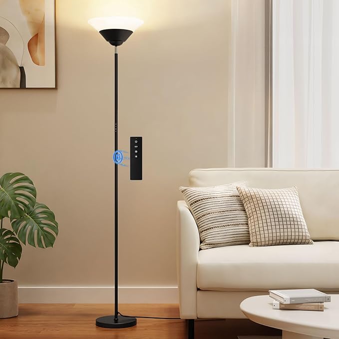 Torchiere Floor Lamp, 72 Inch 30W LED Standing Lamp, 1800LM, Stepless Dimmable, 3000K-6500K, Remote and Button Control, Modern Pole Light for Living Room Bedroom Office, Black