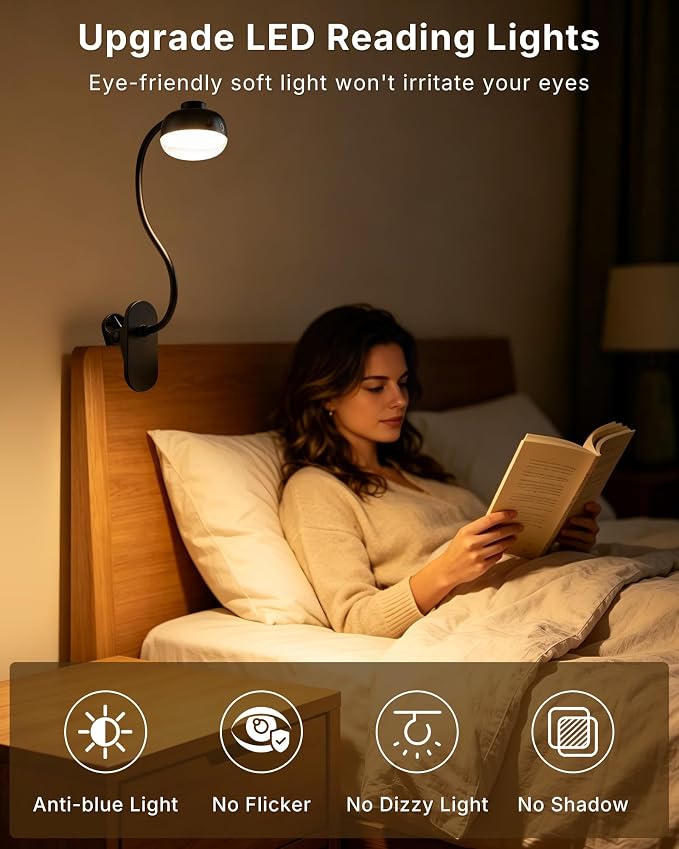 Pebble-Shaped Clip on Reading Light with Detachable Lamp Head, 5000mAh Rechargeable Battery, 360° Ambient Glow, Remote & Timer, Stepless Dimming, 12inch Gooseneck Clamp Lamp for Bed Headboard & Desk
