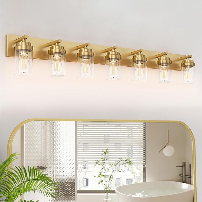 IZORRO Bathroom Vanity Light Fixture, 7-Light 52 inch Gold Bathroom Light Fixtures Over Mirror, with Clear Glass Shade, Modern Farmhouse Vanity Lights, Rustic Restroom Lighting Fixtures