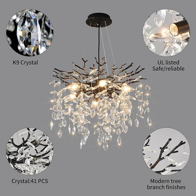 EGM Black Tree Branch Crystal Chandelier, 18 Inch Modern Dining Room Crystal Chandelier 6-Light(E12), Hanging Round Chandeliers for Living Room Bedroom Foyer