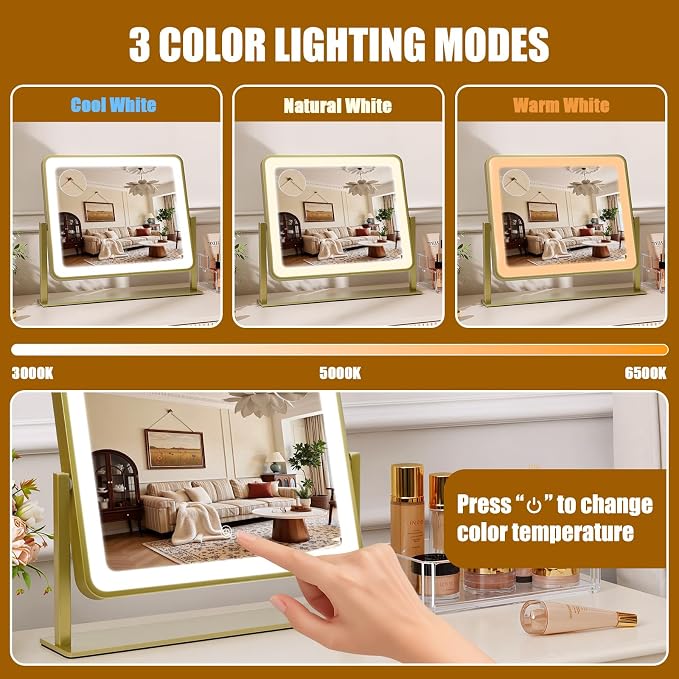 Rechargeable Vanity Mirror with Lights, 3000mAH Battery, 14"×12" LED Makeup Mirror, 10X Magnification, Smart Touch with 3-Color Lighting, 360° Rotation, Lighted Up for Makeup Desk, Bedroom (Gold)