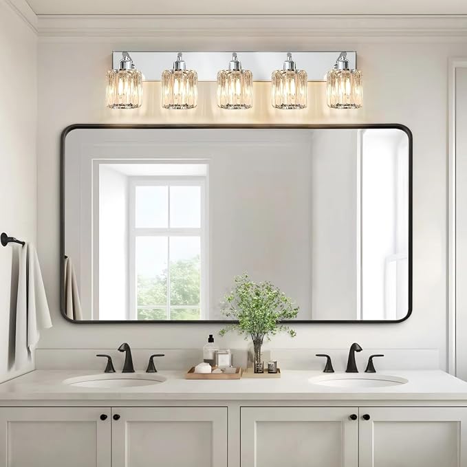 Brushed Chrome Crystal Bathroom Vanity Light, 5-Light Modern Bathroom Lighting Fixtures Over Mirror,Chrome Wall Sconce Light Fixtures with Round Shade