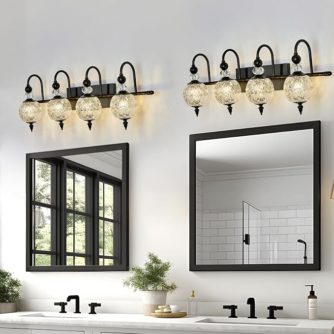 Piepooye Vintage Bathroom Light Fixtures Black Vanity Light with Glass Globe LampShade 4 Lights Mid Century G9 Bulb Wall Sconce Indoor Vanity Light Over Mirror for Kitchen Bedroom Farmhouse