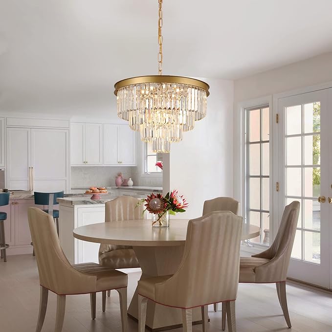 Modern Crystal Chandeliers Gold 24” Round Chandelier for Dining Room 12 Light Ceiling Pendant Light Fixture Raindrop Luxury Gold Flush Mount Chandelier for Entryway Living Room