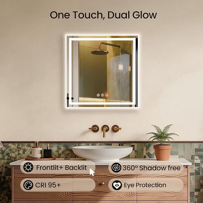 24x24 LED Bathroom Mirror with Anti-Fog, Backlit & Front Lit, Memory | Stepless Dimmable 3 Color CRI 95+ Shatterproof Tempered Glass ETL Listed for Safety Lighted Bathroom Vanity Mirror for Wall