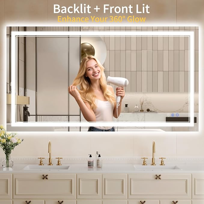 30"x55" LED Bathroom Mirror with Lights, Anti-Fog, Backlit + Front Lit, Dimmable, Led Vanity Mirror for Wall, Lighted Bathroom Mirror, 3 Colors, Shatter-Proof Tempered Glass