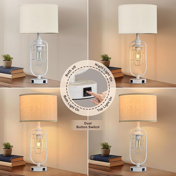 Farmhouse Table Lamps for Living Room Set of 2, Lamps for Night Stands Set of 2, Industrial Bedside Lamps for Bedroom Nightstand with USB A+C, Bulbs Included