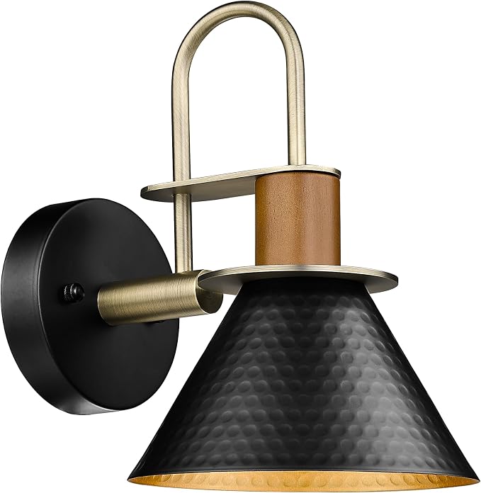 Black and Gold Wall Sconces, HWH Industrial Sconces Wall Lighting Indoor Vanity Barn Light Fixture, Black Wall Lamp for Bathroom Bedside Bedroom Kitchen, Hammered Metal Shade, 5HZG74B-L BK+BG