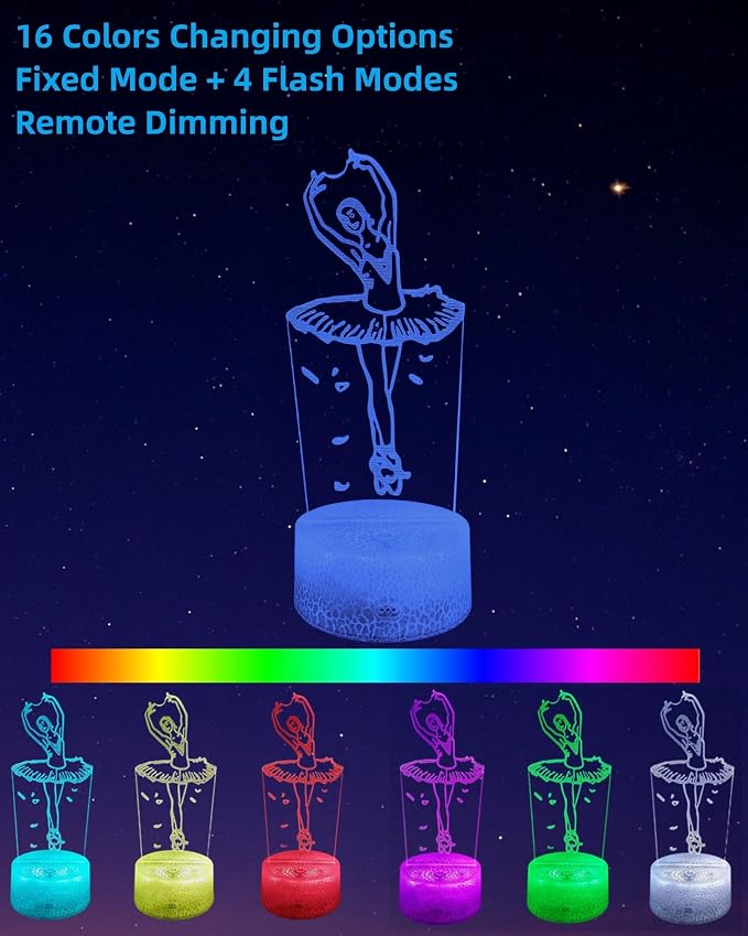 Ballet Dance Gift 3D Illusion LED Night Light, Ballerina Style | 16 Colors Changing, Dimmable, Touch & Remote Control, Girl Bedroom Room Décor, Christmas Birthday Toy Lamp for Kid Teen Women