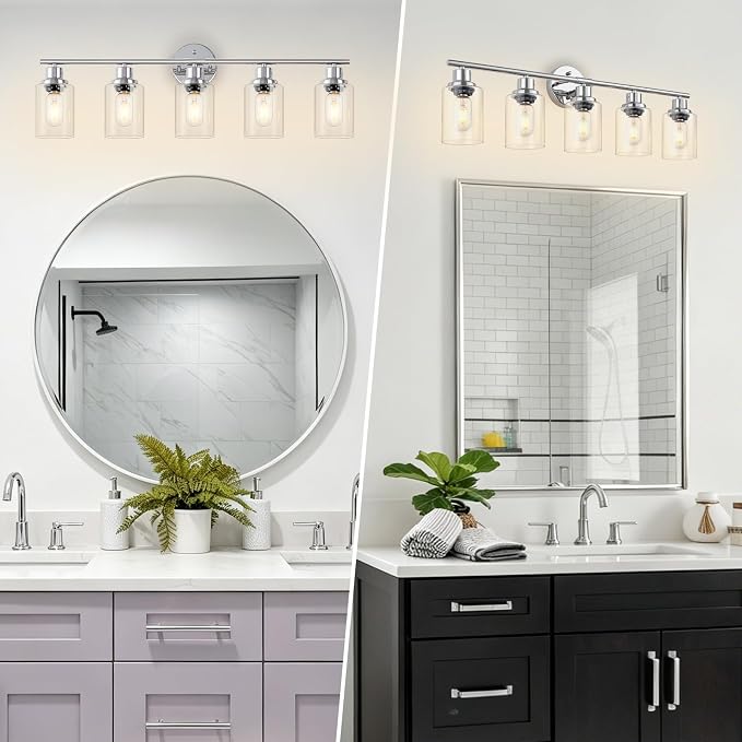 5-Light Bathroom Light Fixtures, Modern Chrome Vanity Lights for Bathroom with Clear Glass Shade, Wall Lamps for Mirror Hallway Kitchen Cabinet Living Room Sconces Lights
