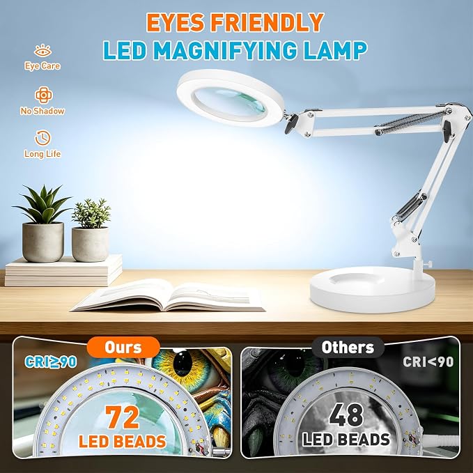 KIRKAS 10X Magnifying Glass with Light and Stand, 2 in 1 Stepless Dimmable | LED Desk Lamp with Clamp, 3 Color Modes Lighted Magnifier Swivel Arm Light for Reading, Craft, Close Works - White