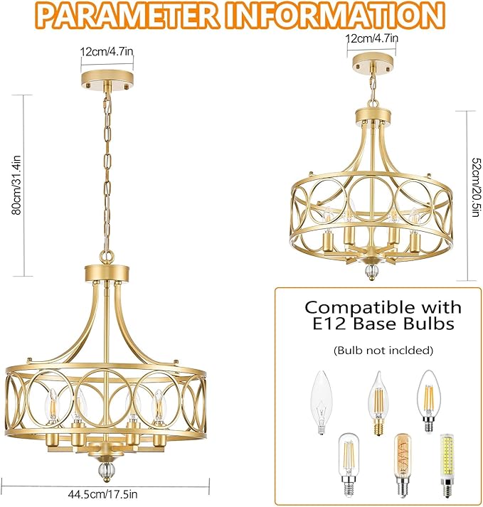 6-Light Gold Chandelier,17.5in Farmhouse Lantern Pendant Light Fixture,Adjustable Hanging Ceiling Lighting with E12 Socket,for Kitchen Island,Bedroom,Entryway,Dining Room