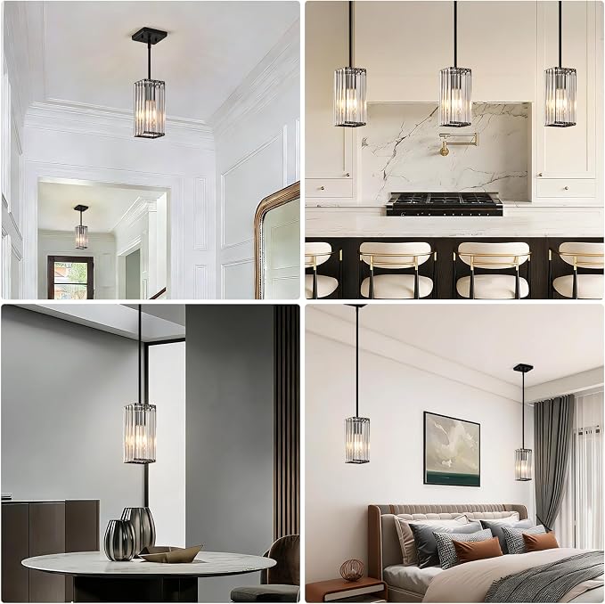 Modern Crystal Pendant Lights Kitchen Island, 3-Pack Black Hanging Light with Clear Crystal Shade, Adjustable Height Pendant Lighting for Kitchen Island Dining Room Bedroom Bar Entryway