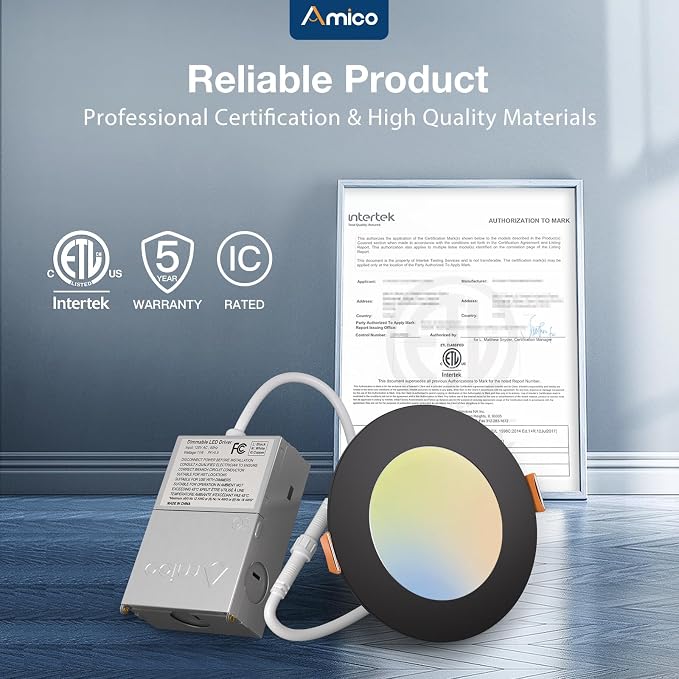 Amico 20 Pack 4 Inch LED Recessed Light with Junction Box, 5CCT, 800LM, 10W | 2700K-5000K, 5%-100% Dimmable, 120V, Black, Metal Housing, Ultra-Thin Canless Wafer Downlight, ETL, FCC, IC & Damp Rated