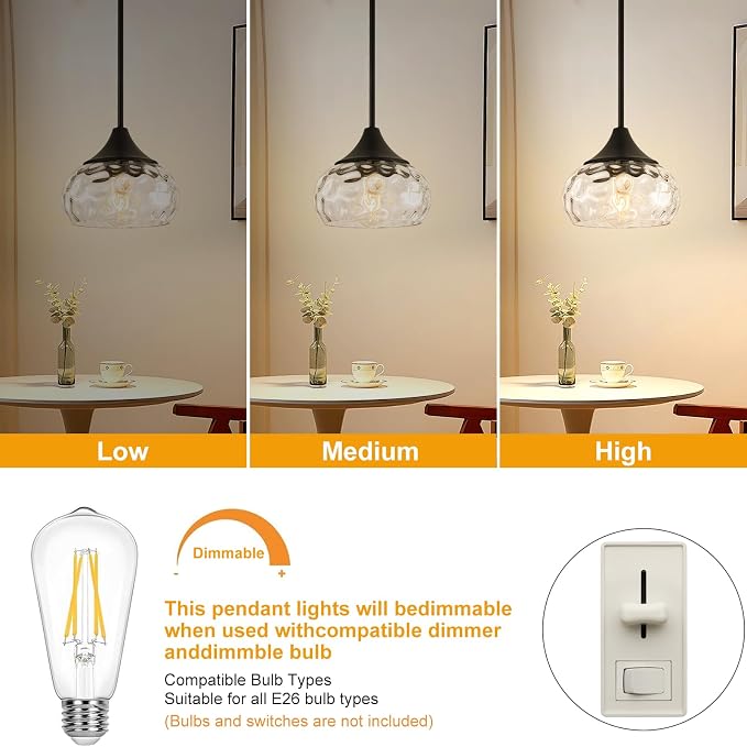 Modern Pendant Lights Kitchen Island, Matte Black Pendant Light Fixtures with 8.5" Clear Hammered Glass Shade, Industrial Hanging Pendant Lights Fixture for Kitchen Island Dining Room Entryway 1 Pack