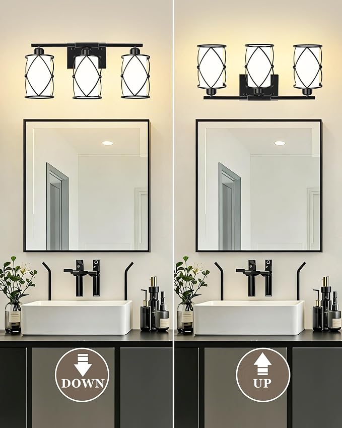 3-Light Black Bathroom Light Fixtures with Milk White Frosted Glass, 21" Modern Bathroom Vanity Lighting Fixtures Over Mirror with Metal Cage, Wall Sconce Lights for Bath, E26, CH9176BKW-3W
