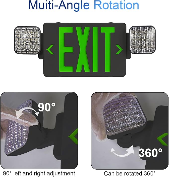 Black Green LED Exit Sign Emergency Light Combo, UL Listed Battery Backup | UL-listed commercial fire exit sign features 90-min battery backup, 360° rotating dual heads, and easy dual-mount setup.