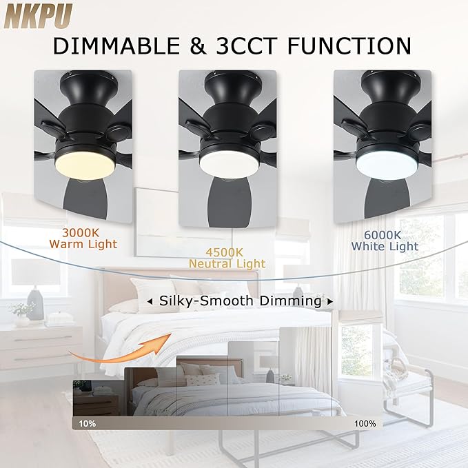 52inch Black Ceiling Fans with Lights, Low Profile Ceiling Fan with Light and Remote/APP Control, Reversible DC Motor, Noiseless, Dimmable, Flush Mount Ceiling Fan for Bedroom Living Room Patios