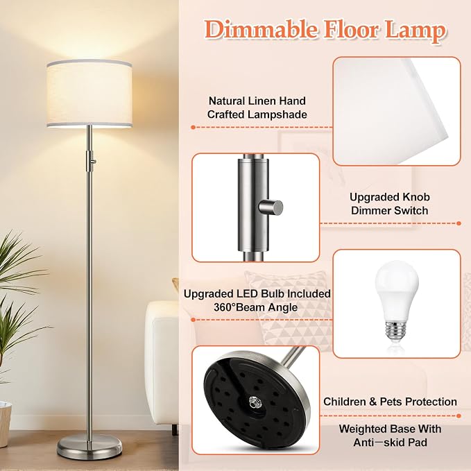 Floor Lamp Simple Design with White Shade, Small Tall Lamps for Living Room Bedroom Office Dining Room Kitchen, Sliver Pole Lamp-Sliver