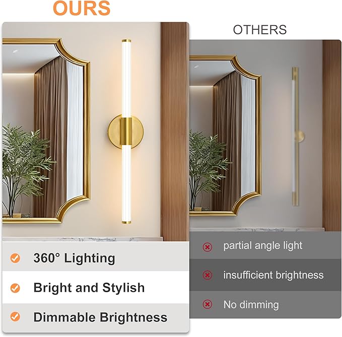 LED Bathroom Light Fixtures, Gold Vanity Lights for Bathroom, 360° Full Lighting Dimmable LED 23 inch Vanity Light Bar Over Mirror, Hardwired Modern Wall Sconce Warm White for Bedroom Living Room