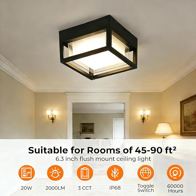 Outdoor Ceiling Light, IP65 Waterproof 6.3 inch Porch Lights Outdoo, 20W 3000K-6500K LED Square Exterior Wall Lamp for Patio Balcony Terrace, Flush Mount for Wall or Ceiling