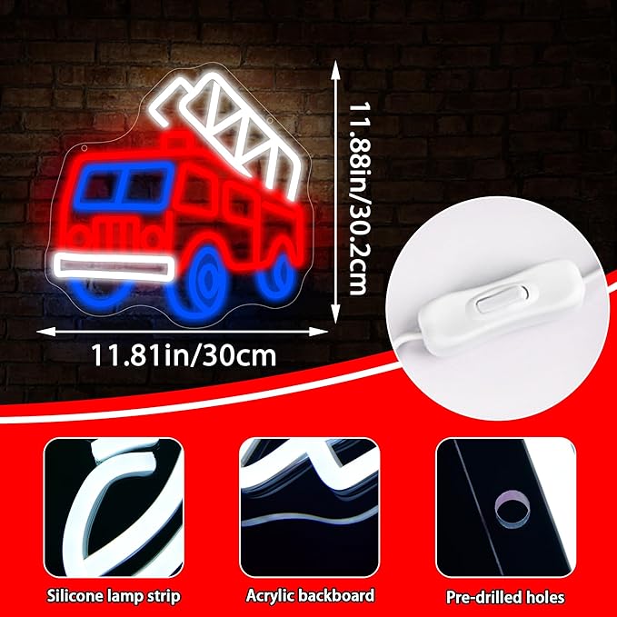 Fire Fighting Truck Neon Sign for Wall Decor Dimmable Fire Truck Neon Light for Man Cave Birthday Gifts for Man Firefighter Fireman LED Sign for Fire Station Garage Bedroom Size11.9 * 11.8In(WZCP210)