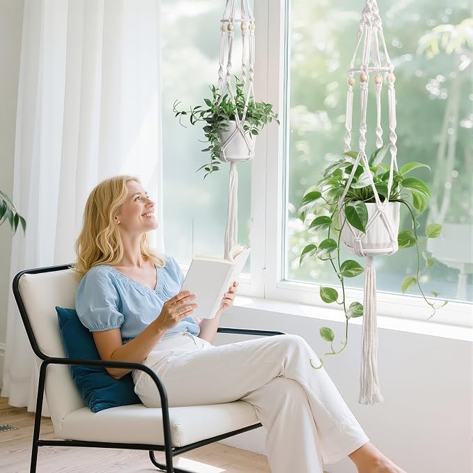 2 Pack Macrame Plant Hanger with Grow Light for Indoor Plants | 10 Brightness, 3 Light Modes, 3/9/12H Timer, Fits 5-9 in Pots, Cotton Rope, Boho Decor, Pots Not Included