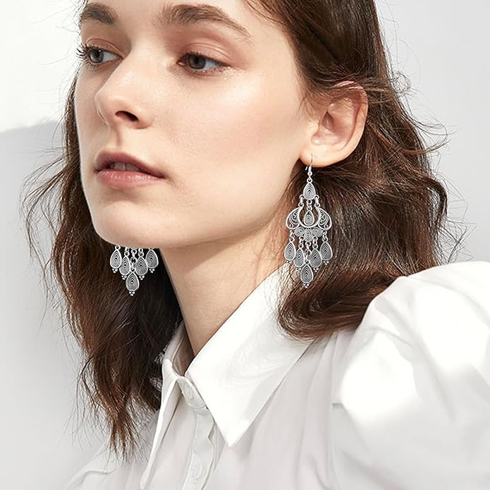 Unique Bohemian Vintage Bronze Chandelier Teardrop Flower Geometry Dangle Drop Earrings For Women