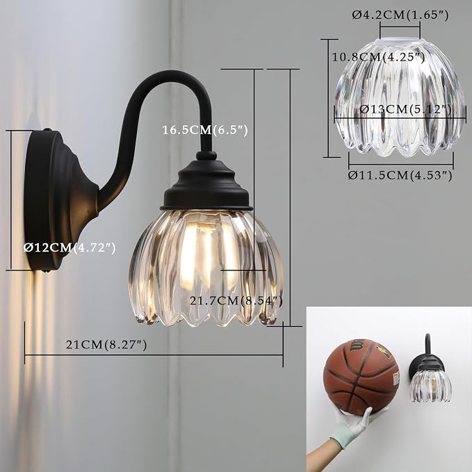 Phansthy Vintage Brass Boho Wall Sconce, Hardwired Wall Light with Tulip Glass Lampshade, Brass Vanity Lamp Modern Wall Lighting Fixtures for Bedroom, Living Room, Hallway (Black + Clear Shade)