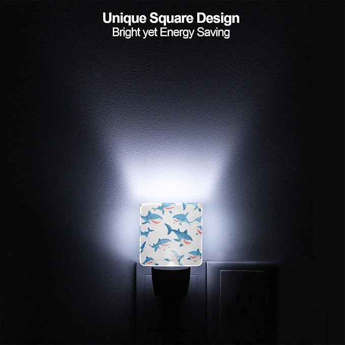 Cartoon Blue Sharks LED Plug-in Night Lamp 2 Piece Set, Auto Sensor Nightlights Set of 2 for Bedroom Bathroom Corridors