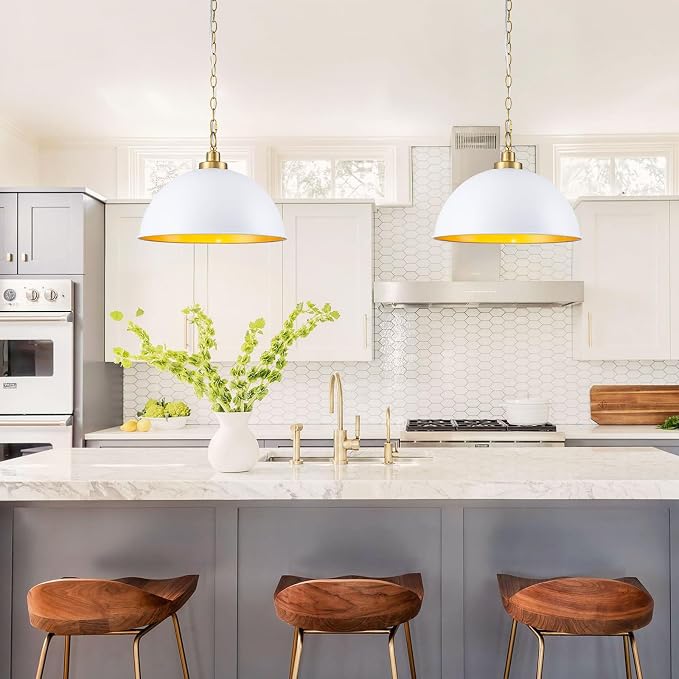 Lingkai Farmhouse Pendant Light Fixtures, 15.7" White and Gold Dome Pendant Lighting Kitchen Island, Adjustable Height Vintage Hanging Ceiling Lights for Kitchen Island Dining Room Foyer Restaurant