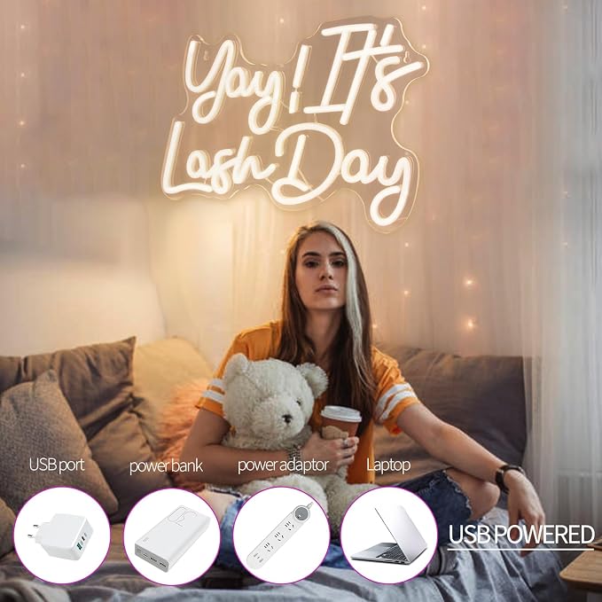 JEDAEMEN Yay It's Lash Day Neon Signs for Wall Decor Warm White LED Sign | Lash Neon Lights Led Light for Girls Beauty Makeup Room Decor Light Up Sign for Party Lash Salon Decoration USB Powered