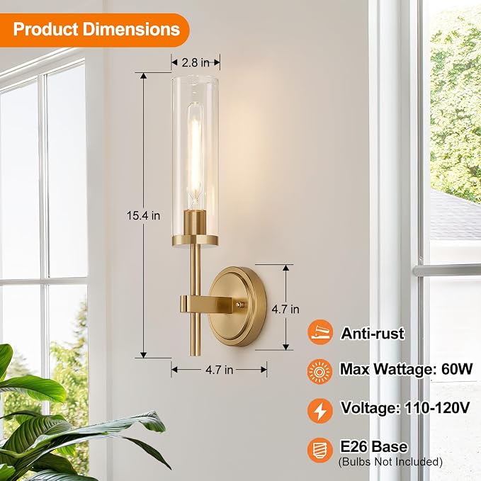 MOKATNG Hardwired Wall Sconces, Brushed Gold Bathroom Sconces with Clear Glass, Modern Wall Light Fixtures for Bathroom Mirror Vanity, Living Room, Bedroom, Hallway, Stairway, Cabinet, Foyer