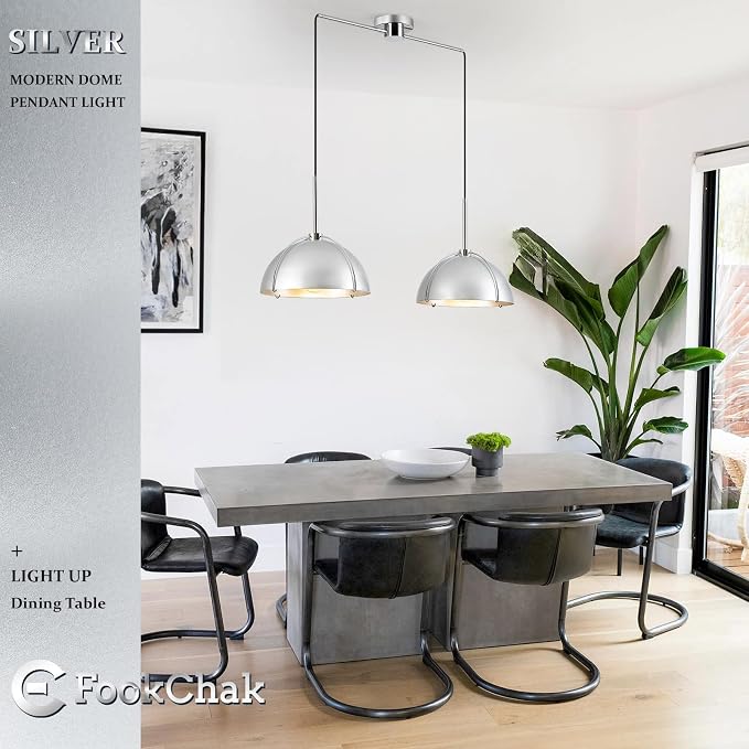 Silver Dome Pendant Light 2 Light Socket Large Pendant Light Fixture with Adjustable Pendant Cord Modern Pendant Lighting for Kitchen Island Dining Room Kitchen Sink