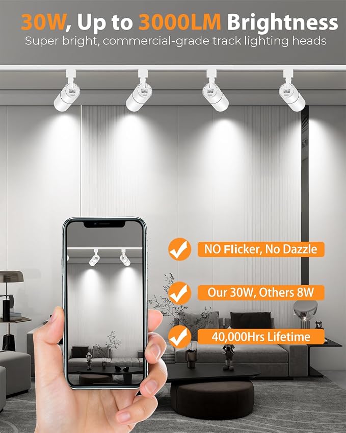 VANoopee 3-Color Zoomable 30W LED Track Lighting Heads H Type Track Light Heads Dimmable Bright Ceiling Spotlight Fixtures for Shop, 3000K 4000K 5000K Adjustable, CRI90+ 15°-60° 3000lm White 4 Pack