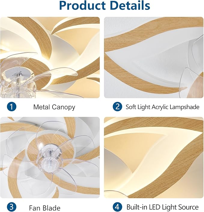Geometric Ceiling Fan with Lights and Remote Control, Wooden Fan with 3 Light Colors, 6 Speeds - Low Profile Flush Mount for Kitchen, Bedroom, Living Room