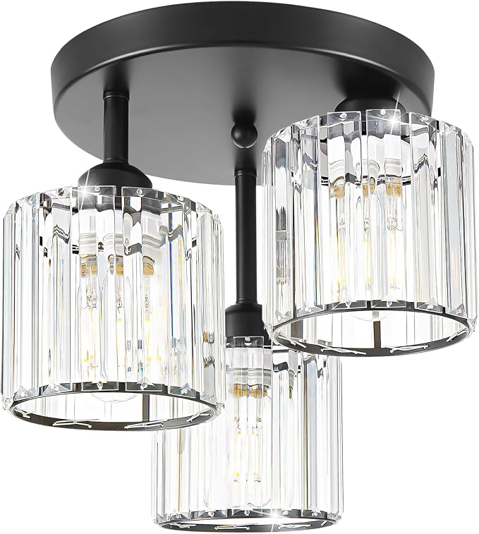 Crystal Semi Flush Mount Ceiling Light, 3-Light Modern Close to Ceiling Light Fixtures, Black Kitchen Light Fixtures with Clear Crystal Shade, Hallway Light Fixtures for Hallway Bedroom Bathroom, E26