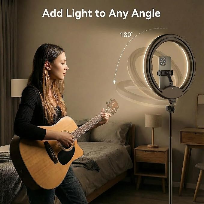 10''Selfie Ring Light with 64''Tripod Stand,Rechargeable Ring Light with Phone Holder and Remote Control,Adjustable Color Temperature and Brightness,5000mAh Battery,Live Streaming,Makeup,Travel,Gaming