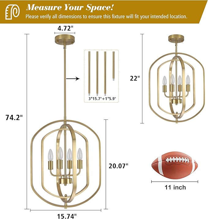 LASENCHOO 4 Lights Gold Chandelier for Dining Room Light Fixture, Modern Farmhouse Chandeliers for Entryway Foyer Lighting Fixtures, Metal Geometric Lantern Pendant Light Kitchen Island with E12 Base